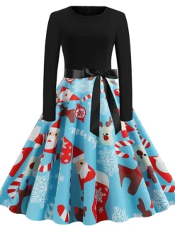 Women's Christmas Swing DressKnee Length Dress Black And White White Light Red Gold Red Long Sleeve Elk Snowman Bell Bow Print Fall Winter Round Neck Vintage Elegant 2022 S M L XL 2XL -HANs Plus Size Style Shop gzusds1634125865542