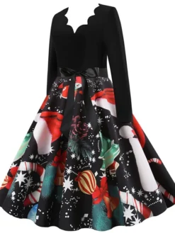 Women's Christmas Knee Length Dress Wine Green Orange Black Red Brown Navy Blue Long Sleeve Print Bow Print Fall Winter V Neck Casual Vintage2021 S M L XL XXL 3XL -HANs Plus Size Style Shop gzvski1629971432947