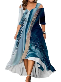 Women‘s Plus Size Curve Party Dress Wedding Guest Dress Swing Dress Long Dress Maxi Dress Pink Blue Green 3/4 Length Sleeve Leaf Cold Shoulder Summer Spring Fall V Neck Fashion Birthday Wedding Guest -HANs Plus Size Style Shop gzwdrf1690280984581