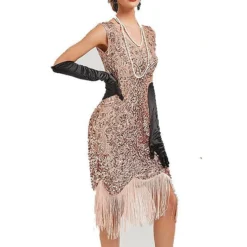 Women's Retro 1920s Fringe Dress Midi Dress Party Halloween Sequins Tassel Fringe Floral V Neck Sleeveless Regular Fit Spring Fall 2023 Black Pink XS S M L -HANs Plus Size Style Shop gzxevc1692612020486