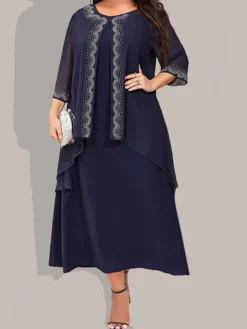 Women's Plus Size Curve Party Dress Two Piece Dress Chiffon Dress Plain Long Dress Maxi Dress 3/4 Length Sleeve Crew Neck Fashion Party Dark Blue Fall Winter L XL XXL 3XL 4XL -HANs Plus Size Style Shop hahush1696760821290