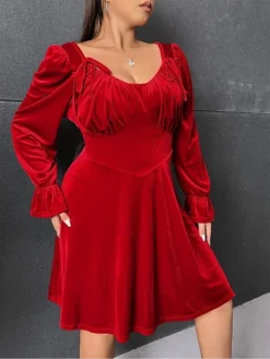Women's Plus Size Curve Party Dress Velvet Dress Cocktail Dress Midi Dress Red Long Sleeve Pure Color Ruched Fall Winter Autumn V Neck Fashion Winter Dress Wedding Guest Vacation 2023 XL XXL 3XL -HANs Plus Size Style Shop hajjvl1693297248481