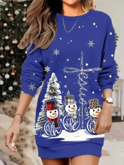 Women's Christmas Casual Dress Sweatshirt Dress Mini Dress Warm Fashion OutdoorVacation Crew Neck Print SnowmanTree Loose Fit Black Yellow Burgundy S M L XL XXL -HANs Plus Size Style Shop hbbhyk1695641907699