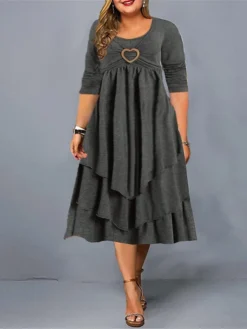 Women‘s Plus Size Curve Flattering Dresses Apple Shaped Dress Wedding Guest Casual Dress Shift Dress Solid Color Midi Dress Long Sleeve Ruffle Pocket Crew Neck Basic Daily Pink Wine Fall Spring Dress -HANs Plus Size Style Shop hbbscw1673504420150