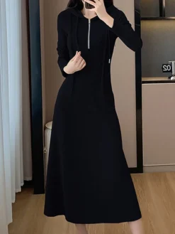 Women's Casual Dress Hoodie Dress Midi Dress Fashion Daily Outdoor Vacation Going Out Hoodie Zipper Solid Color Regular Fit Black Gray S M L XL -HANs Plus Size Style Shop hbslse1696674372056