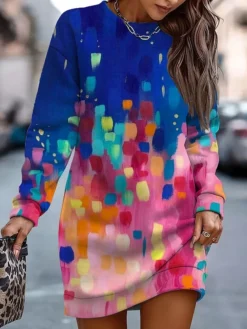 Women's Casual Dress Sweatshirt Dress Winter Dress Graffiti Print Crew Neck Mini Dress Fashion Streetwear Outdoor Daily Long Sleeve Loose Fit Red Navy Blue Blue Fall Winter S M L XL XXL -HANs Plus Size Style Shop hbveea1694077611921