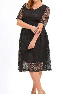 Women‘s Plus Size Curve Party Dress Lace Dress Cocktail Dress Midi Dress Black Pink Wine Half Sleeve Pure Color Lace Summer Spring Fall V Neck Fashion Birthday Wedding Guest Vacation 2023 -HANs Plus Size Style Shop hbwkfr1691564493079