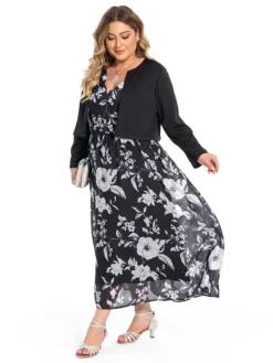 Women‘s Plus Size Curve Two Piece Dress Set Casual Dress Chiffon Dress Outdoor Daily Fashion Elegant Print Long Dress Maxi Dress V Neck Long Sleeve Floral Regular Fit Black Summer Spring -HANs Plus Size Style Shop hceqlh1694770879501