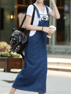 Women's Denim Dress Denim Overall Pinafore Dress Maxi Long Dress Denim Basic Casual Daily Holiday Vacation Square Neck Pocket Split Sleeveless Summer Spring Fall 2023 Regular Fit Blue Pure Color S M -HANs Plus Size Style Shop hcqeqa1653635944788