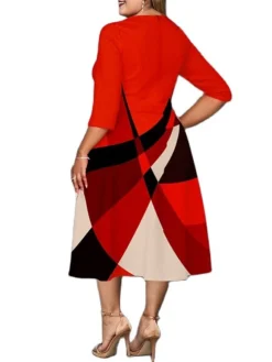 Women‘s Plus Size Curve Work Dress A Line Dress Stripe Midi Dress 3/4 Length Sleeve Print Crew Neck Elegant Office Red Fall Spring XL XXL 3XL 4XL 5XL -HANs Plus Size Style Shop hcvsgu1673001008589