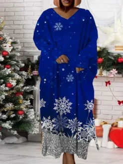 Women‘s Plus Size Christmas Dress Print V Neck Long Sleeve Winter Fall Modern Maxi Long Dress Daily Dress -HANs Plus Size Style Shop heagpk1668158946917