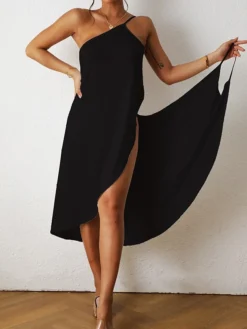 Women's Cover Up Beach Dress Beach Wear Midi Dress Backless Cold Shoulder Sexy Modern Plain Spaghetti Strap Sleeveless Loose Fit Daily Vacation Black White 2023 Spring Summer S M L XL -HANs Plus Size Style Shop heqqya1677147217035