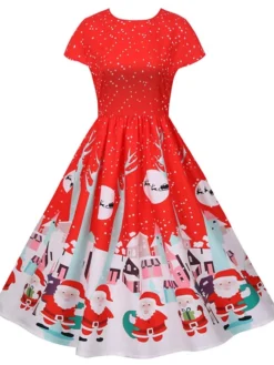 Women's Christmas Knee Length Dress Green Black Red Short Sleeve Print Print Fall Winter Round Neck Casual Vintage2021 S M L XL XXL