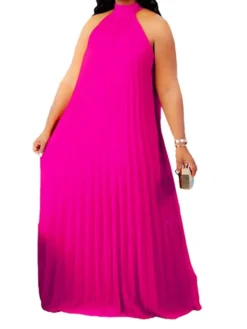 Women's Plus Size Curve Shift Dress Solid Color Halter Neck Ruched Sleeveless Spring Summer Basic Maxi Long Dress Casual Daily Dress