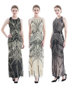 Women's Retro 1920s Sequin Dress Long Dress Maxi Dress Party Evening Party Sequins Backless Geometric Halter Neck Sleeveless Regular Fit Spring Fall 2023 Black Gold S M L XL -HANs Plus Size Style Shop hewfpv1692942404710