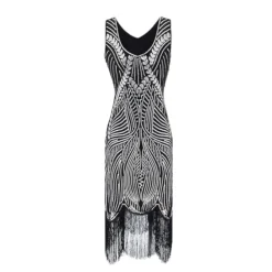 Women's Retro 1920s Fringe Dress Midi Dress Party Halloween Sequins Tassel Fringe Leaf Deep U Sleeveless Regular Fit Spring Fall 2023 Silver Black S M L XL -HANs Plus Size Style Shop hfmgqh1692858227536