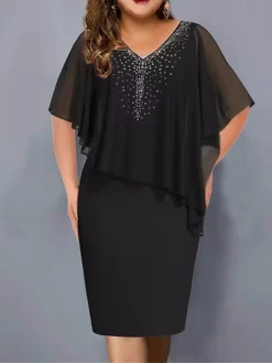 Women‘s Plus Size Curve Party Dress Cocktail Dress Wedding Guest Dress Midi Dress Black Wine Navy Blue Half Sleeve Pure Color Patchwork Summer Spring Fall V Neck Fashion Vacation -HANs Plus Size Style Shop hfnktp1691054877982