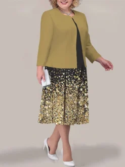 Women's Plus Size Curve Two Piece Dress Set Casual Dress Swing Dress Outdoor Office Fashion Streetwear Print Midi Dress Crew Neck Long Sleeve Leopard Ombre Yellow Pink Dark Pink Fall Winter L -HANs Plus Size Style Shop hfqvlw1692942519720