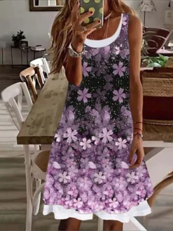 Women's Casual Dress Midi Dress Pink Purple Fuchsia Sleeveless Print Fake Two Piece Summer Spring Crew Neck Casual 2023 S M L XL XXL 3XL -HANs Plus Size Style Shop hfykzq1649931777842