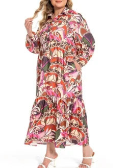 Women's Plus Size Curve Shirt Dress Work Dress Satin Dress Floral Long Dress Maxi Dress Long Sleeve Split Shirt Collar Fashion Office Red Fall Winter L XL XXL 3XL 4XL -HANs Plus Size Style Shop hgflre1694772962855