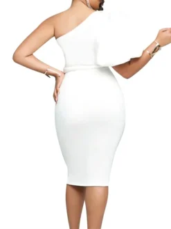 Women‘s Plus Size Curve Party Dress Solid Color One Shoulder Ruffle Short Sleeve Spring Fall Prom Dress Midi Dress Casual Daily Dress -HANs Plus Size Style Shop hgfnpm1656067342656