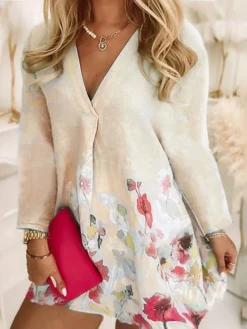 Women‘s Plus Size Curve Apple Shaped Dress Casual Dress Floral V Neck Print Long Sleeve Winter Fall Stylish Casual Mini Dress Daily Vacation Dress Weekend