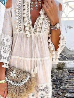 Women's Casual Dress Lace Dress White Dress Midi Dress Lace Patchwork Daily Holiday Vacation Streetwear Basic V Neck Long Sleeve 2023 Loose Fit White Color S M L XL XXL Size -HANs Plus Size Style Shop hgptbh1682579550537