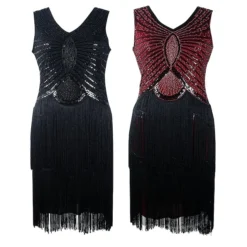 Women's Retro 1920s Fringe Dress Midi Dress Party Halloween Sequins Tassel Fringe Geometric V Neck Sleeveless Regular Fit Spring Fall 2023 Black White S M L XL