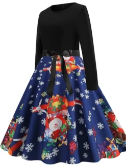 Women's Christmas Casual Dress Swing Dress Vintage Dress Midi Dress Green Blue Royal Blue Long Sleeve Color Block Bow Winter Fall Autumn V Neck Slim 2022 S M L XL XXL 3XL -HANs Plus Size Style Shop hhiaee1666761743933