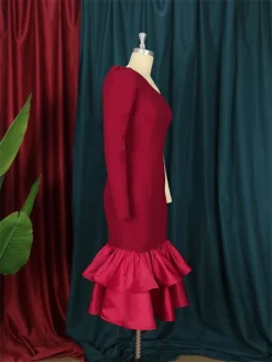 Women's Plus Size Curve Party Dress Bodycon Sheath Dress Plain Midi Dress Long Sleeve Ruffle One Shoulder Fashion Party Wine Fall Winter XL XXL 3XL 4XL -HANs Plus Size Style Shop hhmejn1694425971319