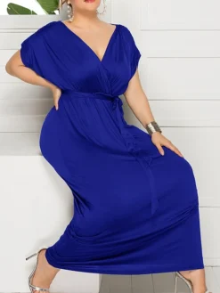 Women's Plus Size Curve Party Dress Sheath Dress Formal Dress Maxi Dress White Wine Royal Blue Short Sleeve Pure Color Lace Up Spring Fall Autumn V Neck Fashion Birthday Wedding Guest Vacation -HANs Plus Size Style Shop hhnjwt1692178811805