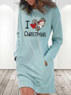 Women‘s Christmas Hoodie Dress Winter Dress Light Blue Grey White Long Sleeve Heart Letter Pocket Print Winter Fall Crew Neck Stylish Casual Fall Dress Loose Fit 2022 S M L XL 2XL / Cotton