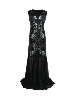 Women's Retro 1920s Sequin Dress Long Dress Maxi Dress Party Evening Party Sequins Patchwork Floral V Neck Sleeveless Regular Fit Spring Fall 2023 Black Red S M L XL -HANs Plus Size Style Shop hhqgkd1693533781255