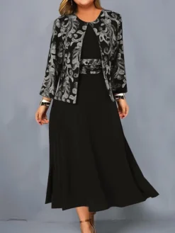 Women‘s Plus Size Curve Dress Set Print Crew Neck Long Sleeve Spring Fall Elegant Maxi Long Dress Formal Party Dress -HANs Plus Size Style Shop hitlhu1681377568019