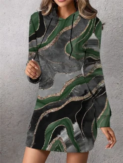 Women's Casual Dress Print Dress Spring Dress Ombre Marble Print Pocket Print Hooded Mini Dress Fashion Streetwear Outdoor Daily Long Sleeve Loose Fit Blue Brown Green Spring Fall S M L XL XXL -HANs Plus Size Style Shop hjgoyw1692326855615