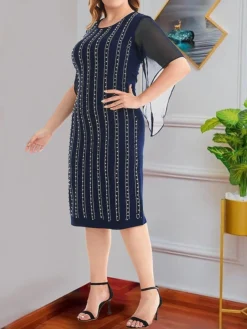 Women's Plus Size Curve Party Dress Wedding Guest Dress Bodycon Midi Dress Dark Blue Short Sleeve Striped Mesh Summer Spring Fall Crew Neck Fashion Wedding Guest Vacation 2023 L XL XXL 3XL 4XL -HANs Plus Size Style Shop hjjupy1692169269782