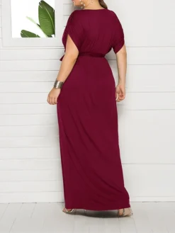Women's Plus Size Curve Party Dress Sheath Dress Formal Dress Maxi Dress White Wine Royal Blue Short Sleeve Pure Color Lace Up Spring Fall Autumn V Neck Fashion Birthday Wedding Guest Vacation -HANs Plus Size Style Shop hjrgot1692178807561