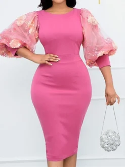 Women‘s Plus Size Curve Work Dress Floral Crew Neck Mesh 3/4 Length Sleeve Spring Fall Work Midi Dress Daily Holiday Dress