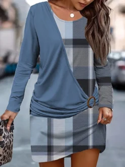 Women's Casual Dress Plaid Dress Sweatshirt Dress Geometric Plaid Patchwork Print Crew Neck Mini Dress Fashion Streetwear Outdoor Daily Long Sleeve Loose Fit Royal Blue Blue Fall Winter S M L XL XXL -HANs Plus Size Style Shop hjvrio1695372544339
