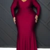 Women‘s Plus Size Curve Party Dress Bodycon Solid Color Long Dress Maxi Dress Long Sleeve Ruched V Neck Elegant Party Camel Black Summer Spring XL XXL 3XL 4XL 5XL