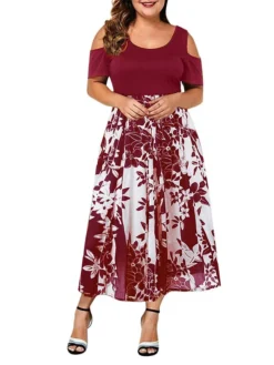 Women‘s Plus Size Curve Casual Dress Skater Dress A Line Dress Floral Long Dress Maxi Dress Short Sleeve Hollow Out Print Crew Neck Fashion Outdoor Black Wine Summer Spring L XL XXL 3XL 4XL -HANs Plus Size Style Shop hkhkjx1678257281366