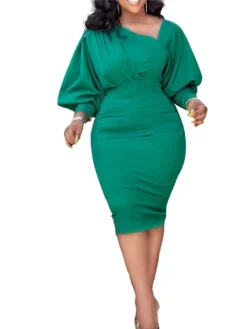 Women‘s Plus Size Curve Holiday Dress Solid Color V Neck Ruched Long Sleeve Fall Winter Work Knee Length Dress Work Weekend Dress -HANs Plus Size Style Shop hkhsbn1647508311773