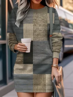 Women's Casual Dress Sweatshirt Dress Mini Dress Warm Fashion Outdoor Holiday Vacation Crew Neck Print Geometric Loose Fit Yellow Burgundy Blue S M L XL XXL