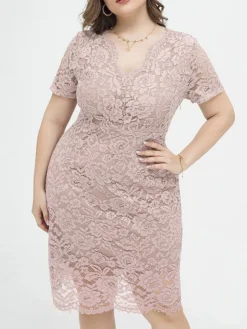 Women's Plus Size Curve Party Dress Lace Dress Cocktail Dress Midi Dress Black Pink Wine Short Sleeve Pure Color Lace Summer Spring Fall V Neck Fashion Birthday Wedding Guest Vacation XL XXL 3XL 4XL -HANs Plus Size Style Shop hkmagf1692165636011