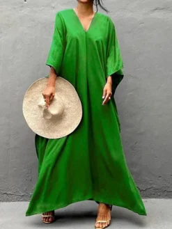 Women's Cover Up Beach Dress Beach Wear Long Dress Maxi Dress Split Basic Casual Plain V Neck 3/4 Length Sleeve Loose Fit Outdoor Daily White Yellow 2023 Spring Summer One Size -HANs Plus Size Style Shop hkubmy1672912299566