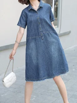Women's Denim Dress Casual Dress Midi Dress Denim Basic Casual Outdoor Daily Vacation Shirt Collar Button Short Sleeve Summer Spring Fall 2023 Loose Fit Blue Plain S M L XL -HANs Plus Size Style Shop hkxopl1677036197474
