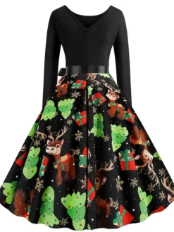 Women's Christmas Swing Dress Knee Length Dress Black Long SleeveTree Bow Print Fall Winter Round Neck VintageParty 2021 S M L XL XXL -HANs Plus Size Style Shop hlbhsl1632725398609