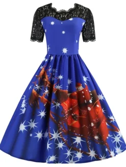 Women's Christmas Lace Dress Swing Dress Maxi Long Dress Claret Green Blue Purple Red Rose Red Short Sleeve Santa Claus Print Lace Patchwork Winter Fall Crew Neck Vintage Fashion Elegant 2022 S M L -HANs Plus Size Style Shop hlfjtw1666258509313
