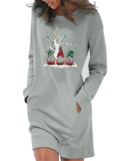 Women‘s Christmas Hoodie Dress Winter Dress Light Blue Grey White Long Sleeve Santa Claus Pocket Print Winter Fall Crew Neck Stylish Casual 2022 S M L XL 2XL / Cotton -HANs Plus Size Style Shop hlfoti1666676387874