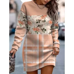 Women's Casual Dress Sweatshirt Dress Mini Dress Warm Fashion Outdoor Holiday Vacation Crew Neck Print Floral Geometric Loose Fit Yellow Pink Royal Blue S M L XL XXL -HANs Plus Size Style Shop hlhqpc1692942354069